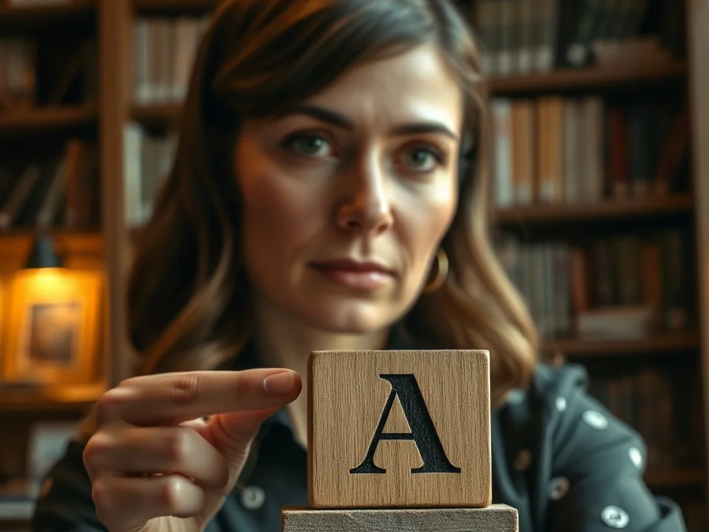 Kobieta wskazująca palcem na drewniany klocek z literą „A” na tle biblioteki.