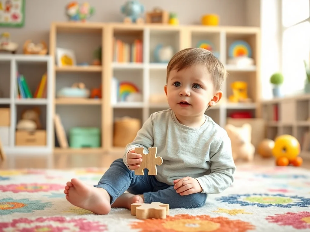 Czterolatek z zaciekawieniem układa drewniane puzzle na kolorowym dywanie w przytulnym pokoju zabaw.