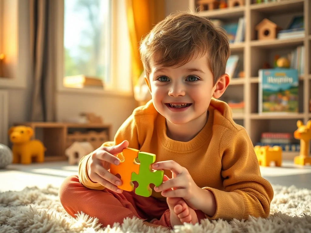 Siedmioletni chłopiec z zaciekawieniem układa kolorowe puzzle w przytulnym pokoju zabaw.