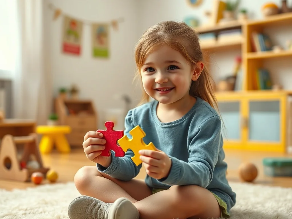 Sześcioletnia dziewczynka z zaciekawieniem układa kolorowe puzzle w przytulnym pokoju zabaw.