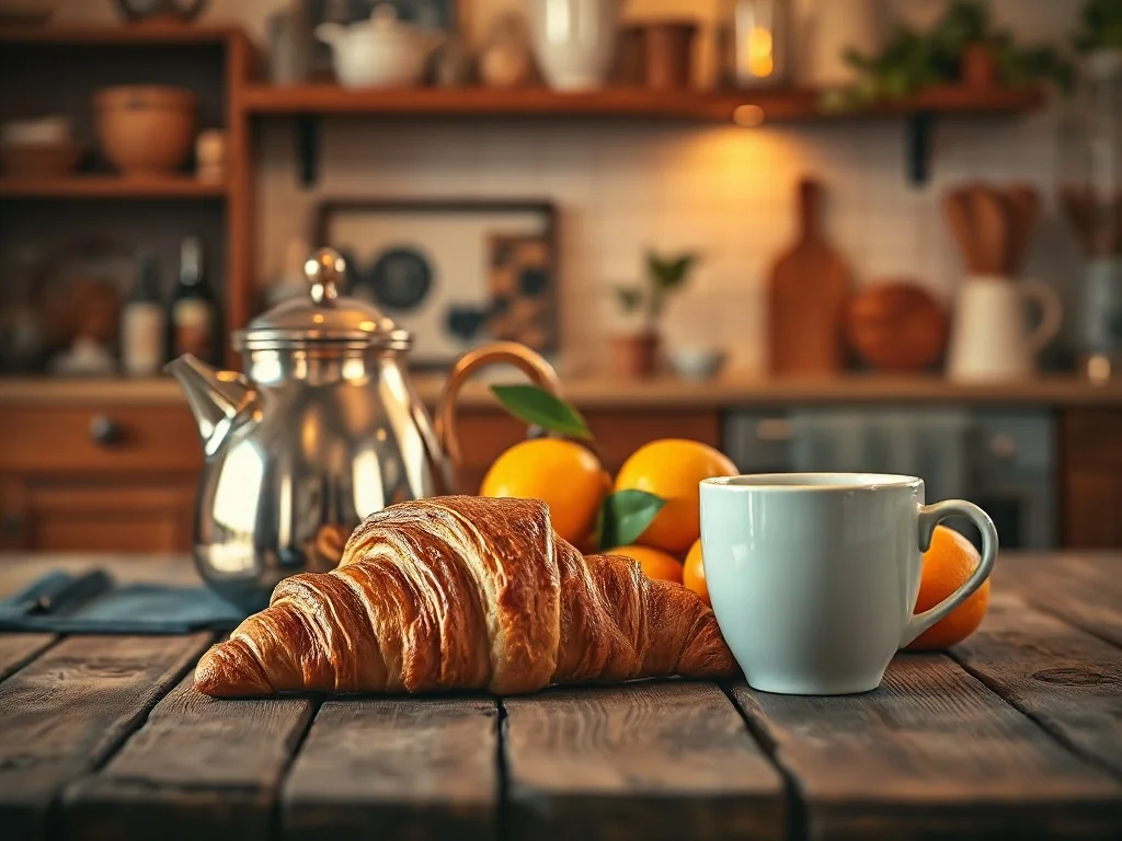 Miedziany czajnik, croissant, cytrus i ceramiczny kubek na drewnianym stole jako przykłady przedmiotów na literę „c”.