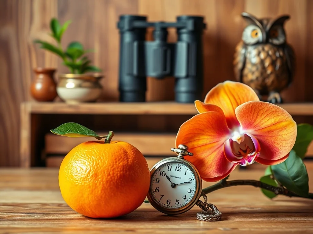 Pomarańcza, ozdobny zegarek, orchidea, lornetka i figurka sowy jako przykłady przedmiotów na literę O.