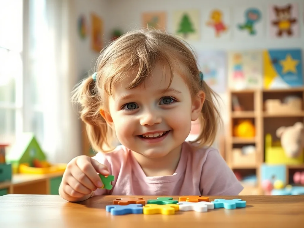 Pięcioletnia dziewczynka z zaciekawieniem układa kolorowe puzzle przy drewnianym stole w przytulnym pokoju dziecięcym.
